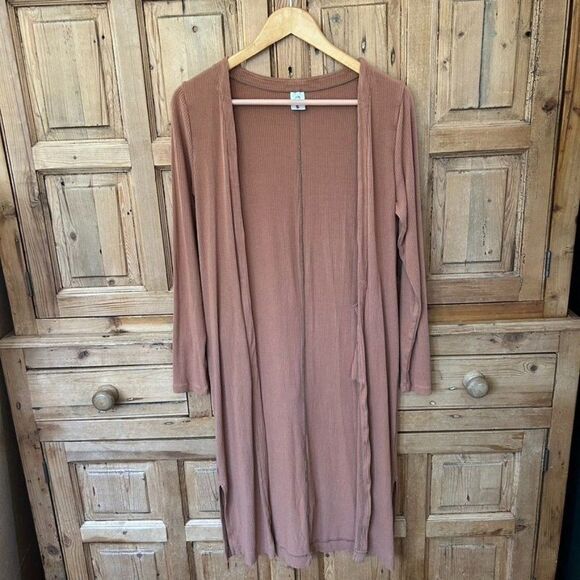 Senita Small‎ Tan Brown Cardigan Duster Ribbed Sweater Pockets Open Front - Picture 1 of 11